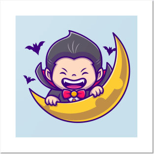 Cute Dracula With Moon And Bats Posters and Art